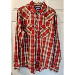 Vintage Men's Wrangler Red Tan Plaid Pearl Snap Long Sleeve Shirt - XL
